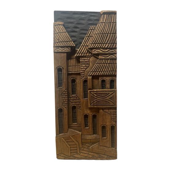 Vintage Hand Carved Wood Wall Art Plaque Decor Village Houses